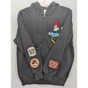 Disney Mickey & Minnie Hoodie Mens Small Black Zip Up Patch Sweatshirt Graphic